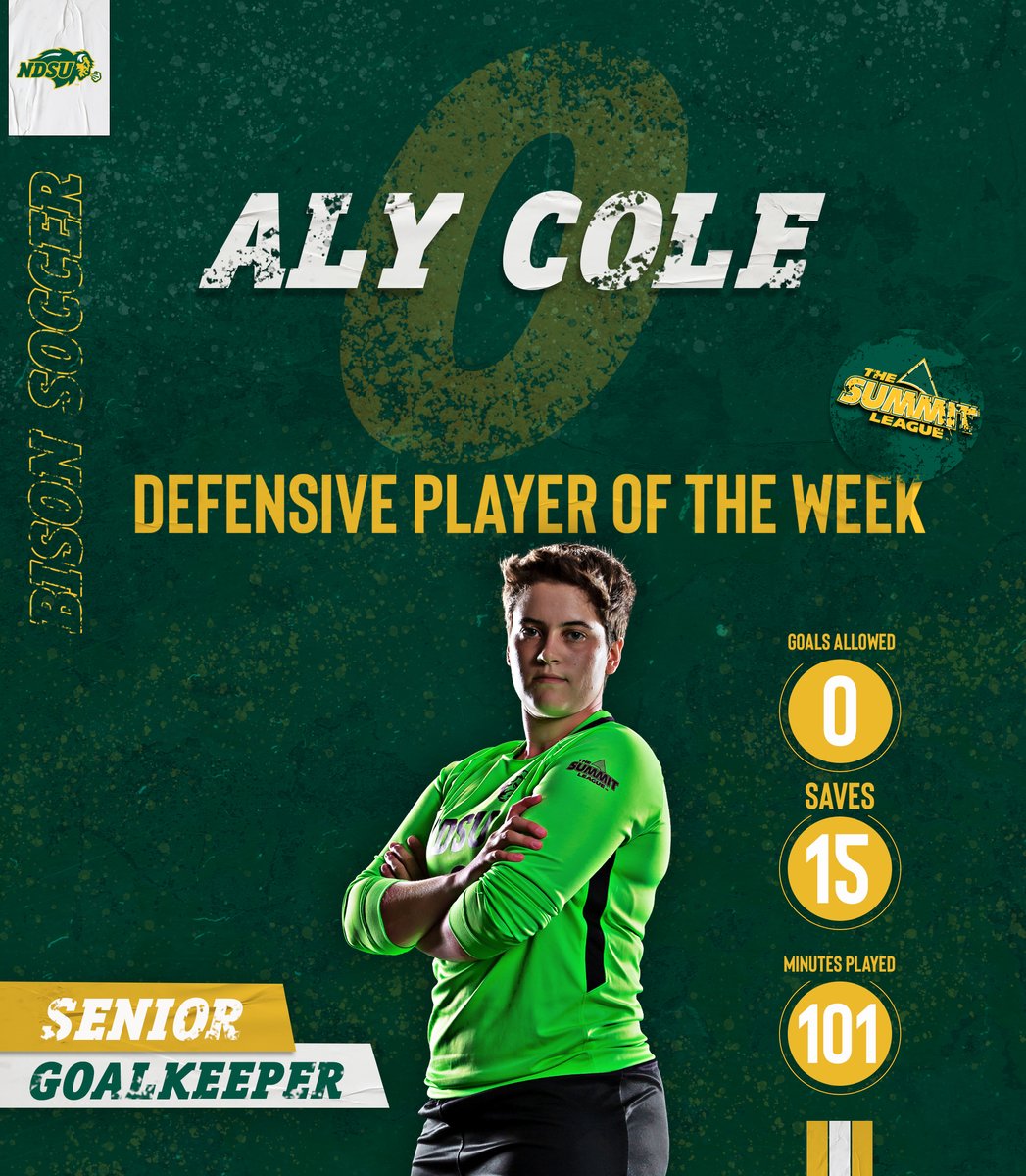 NDSUsoccer's tweet photo. Senior Goalkeeper Aly Cole has been named the TicketSmarter #SummitWSOC Defensive Player of the Week! In her final game as a Bison, Cole picked up a shutout with a career high 15 saves, third most in NDSU history! #GoBison #HornsUp 🤘🦬 https://t.co/oyyfkpF1L5