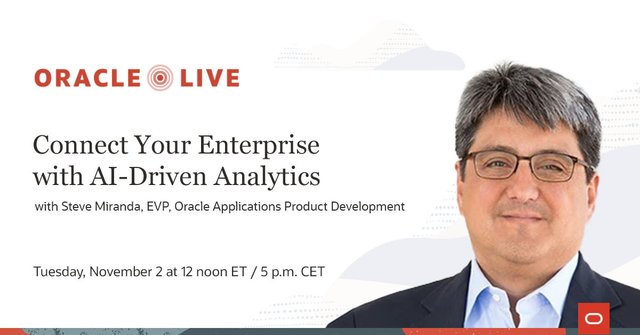 There is still time to register for tomorrow's Oracle Live session with Steve Miranda. He will share how connected, enterprise-wide insights on data are helping Oracle Applications customers make better decisions. Register for #OracleLive to learn more: bit.ly/3CAWB1V