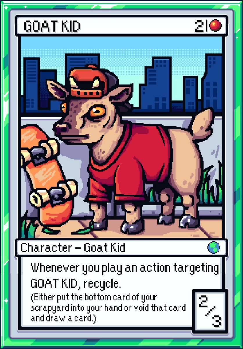 BirthRightTCG's tweet photo. These two NFTs in our TCG tell a fun story. Goat Dad has worked his entire life to abandon his goat instincts while Goat Kid threw it all away to, well, just be a kid! Both of these NFTs will be minted and available for purchase upon the release of Birthright! https://t.co/MFi3AmUMOZ