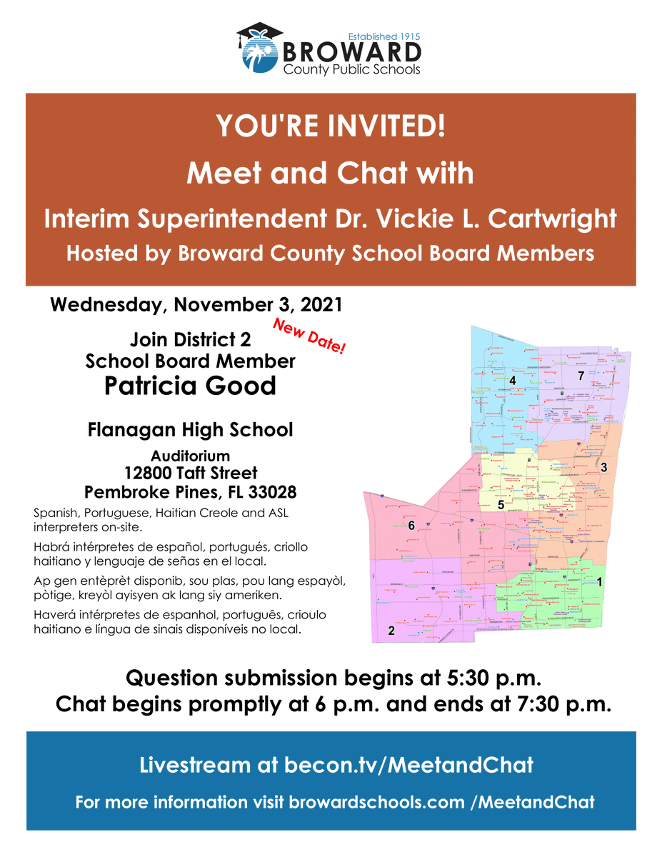 browardschools's tweet photo. Updated Schedule!
Come #MeetAndChat with Interim Supt. @suptvcartwright and @browardschools school board members. Visit https://t.co/x5WAb837cs. The next event is Wednesday, November 3, at Flanagan High School, at 6 p.m. Attendees may begin submitting questions at 5:30 p.m. https://t.co/ksZVO6jRI7