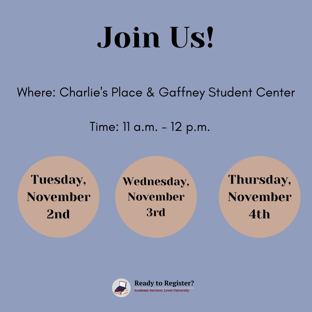 LewisU_AS's tweet photo. Are you ready to register? Join Academic Services at the registration and advising information tables this week! They will be there to answer any questions, help students find their registration date &amp; time, advisor, and more!

#readytoregister #lewisu #lewisu_as https://t.co/rq3Fr85CIf
