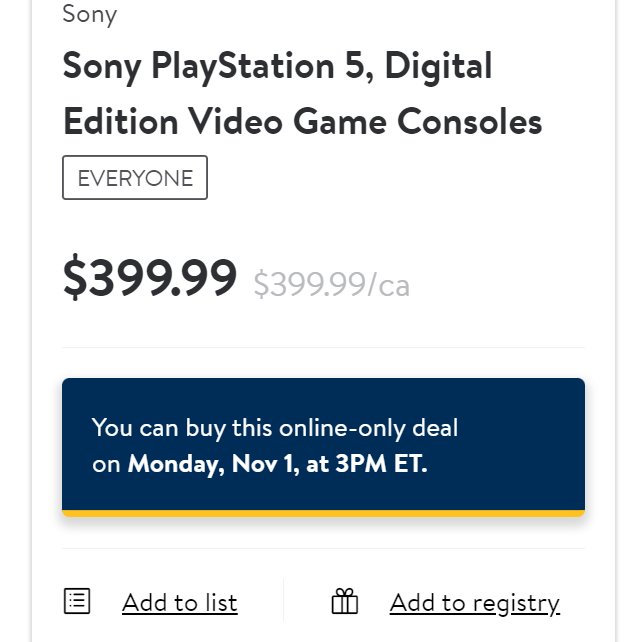 [#Walmart🇺🇸 UPDATE]

#PS5 disc, digital, &amp; #XboxSeriesX will ALL be available online, starting at 3PM ET. ⏰

PS5 DISC
➡️walmart.com/ip/Sony-PlaySt…
PS5 DIGITAL
➡️walmart.com/ip/Sony-PlaySt…
XBOX SERIES X
➡️walmart.com/ip/Xbox-Series…

Have the app &amp; all payment/login saved! ✅
I alert! 🚨