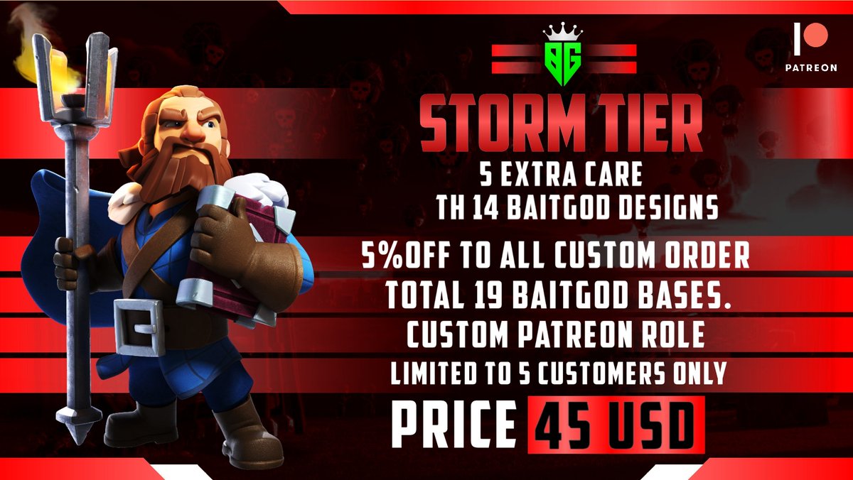 BaitgodB's tweet photo. 🎪 Exclusive patreon tiers are live after week of constant testing. 🔥🔥Storm tier &amp; Typoon tier loaded with exclusive bases.
🎁🎁 For limited members only!!
🎃🎃 Grab it before it's gone!!

https://t.co/lCUewXkkoF

@ClashofClans @CoCEsports https://t.co/KVw07H2bSj