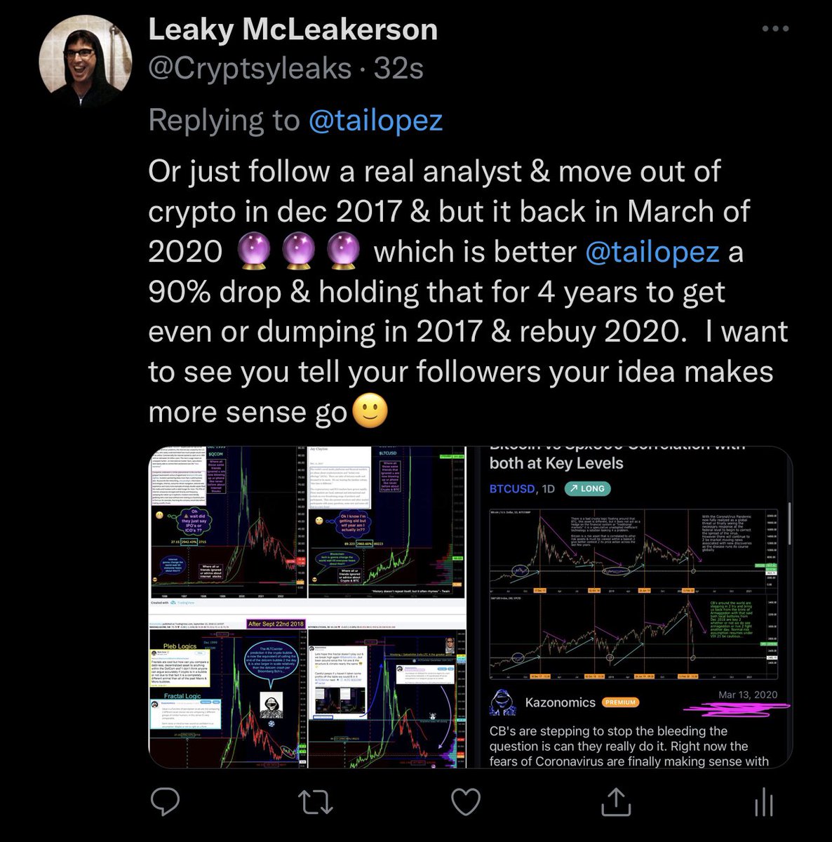 Cryptsyleaks's tweet photo. Never forget @tailopez trying to justify to his entire following why you should not use stops &amp; eat a 90% collapse &amp; 4 years of your life rather than following accurate analysis that is documented proof of top &amp; bottom in order to save save his own image &amp; sell you more 🗑 https://t.co/VZ1VJBrZ1z