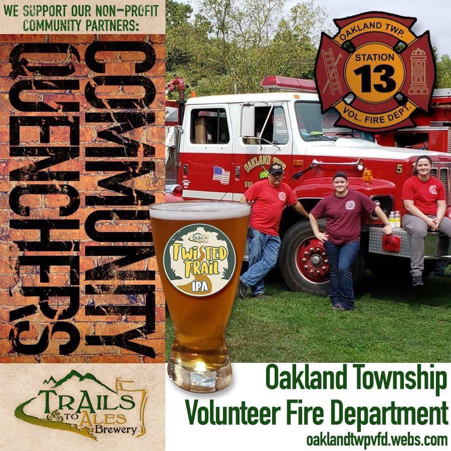 Announcing our SECOND Community Quencher in November, 2021:  3% of Twisted Trail IPA sales this month of November 2021 will be donated to the Oakland Township Volunteer Fire Department. Support this local fire department during the month of November by drinking Twisted Trail IPA.
