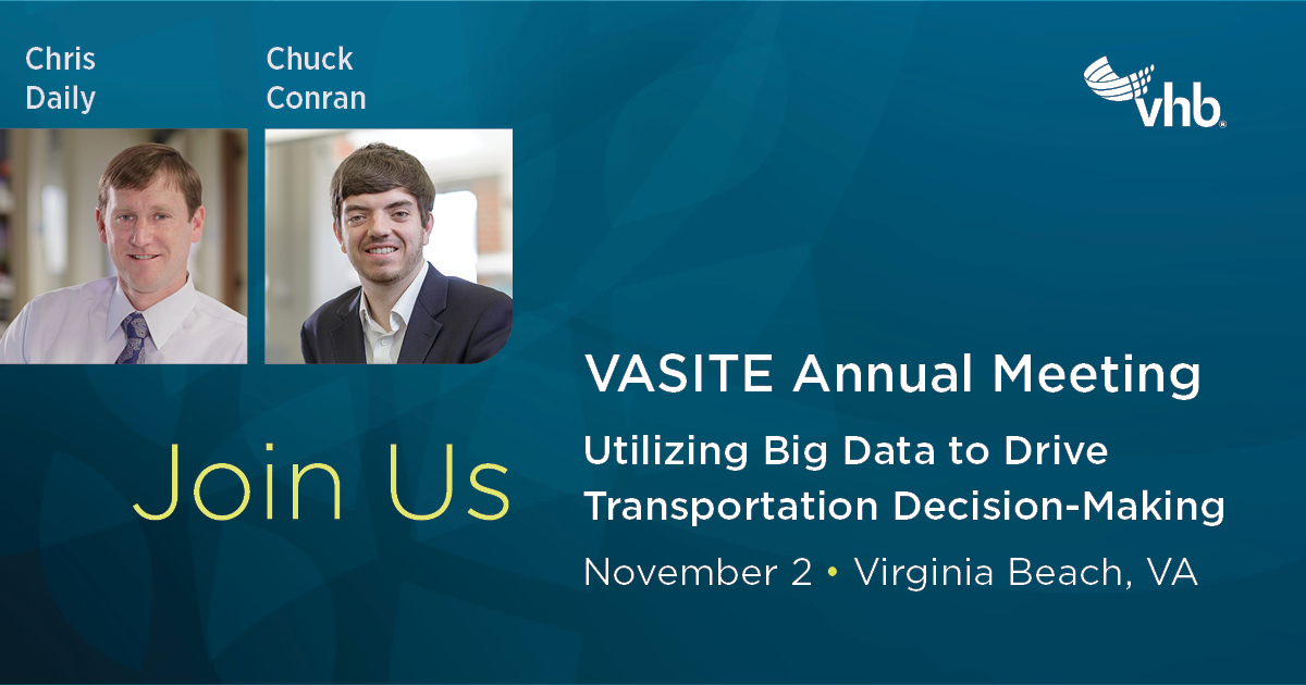VHBnow's tweet photo. Today kicks off the 2021 #VASITE Annual Meeting! VHB’s Chuck Conran and Chris Daily will be presenting tomorrow on Utilizing Big #Data to Drive Transportation Decision-Making. We hope to see you there! For more details, visit: https://t.co/I87ImFVxVg #ite https://t.co/jfvIReARJe