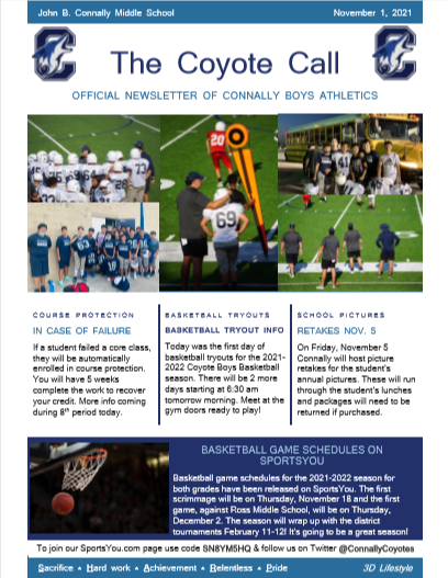 ConnallyCoyotes's tweet photo. Basketball tryouts begin, basketball season schedules released, credit recovery information, and so much more in this week's edition of The Coyote Call! #SHARP #3DLifestyle #GoCoyotes https://t.co/zTgHeNAIAZ