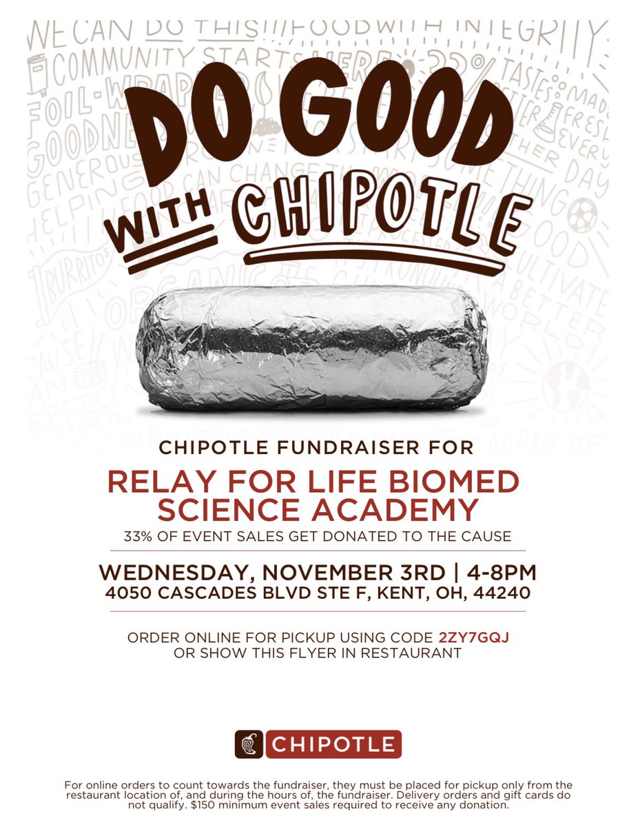 BiomedRelay's tweet photo. Please join us at Chipotle in Kent on Wednesday to support Relay for Life!! Order in-person or online between 4:00 and 8:00pm. Show this flyer or use code 2ZY7GQJ online. All funds raised this year will be donated to Akron Children's Hospital, Oncology Department. #ourbmsa https://t.co/vSvaTqqJGq