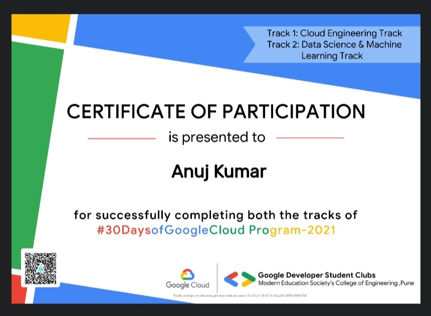 TheRealAnujK's tweet photo. Successfully completed the 30 Days of Google Cloud Program. Thank You so much for helping to complete these achievements @gdscmescoe
#30DaysOfGoogleCloudProgram #GDSCMESCOE #googlecloud #googlecloudplatform #qwiklabs #cloudprogram #developersclub https://t.co/mGuQge9LeD