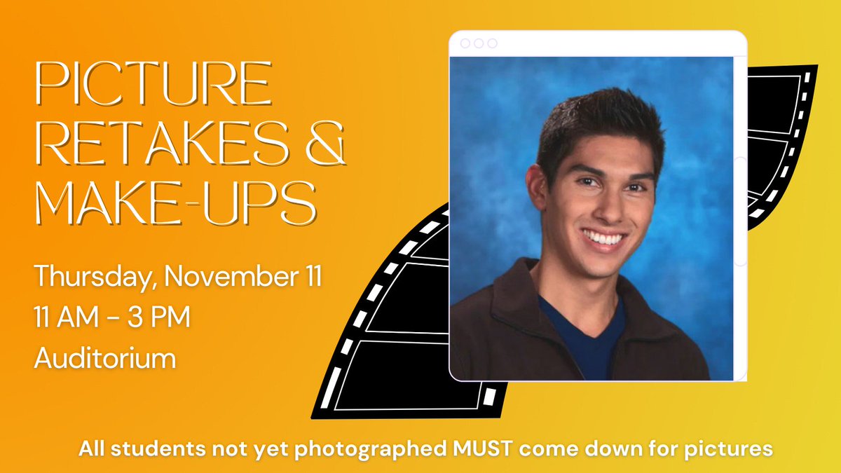 Missed the first picture day or wish you had (and want a retake)? Picture Day #2 is on Thursday, Nov. 11 from 11 AM to 3 PM in the auditorium.