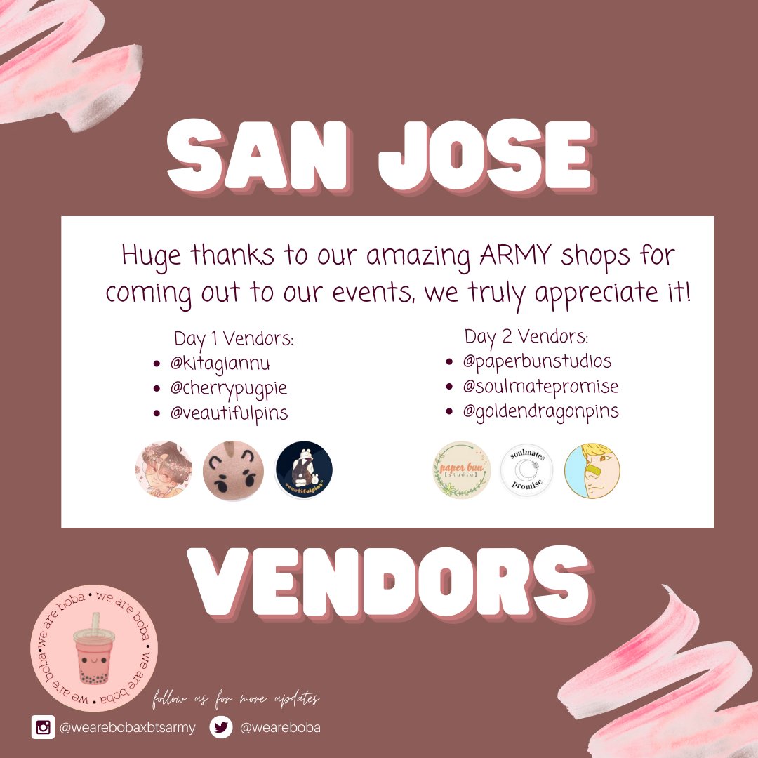 weareboba's tweet photo. 🎀Event Details:
» Where? Boba Bar, San Jose CA @bobabarsj 
» When? November 6-7 from 12-5PM

🛒Vendor Lineup:
» Day One - @kitagiannu @veautifulpins @cherrypugpie 
» Day Two - @paperbunstudio @goldendragonpins @soulmatespromise 

#jimin #bts #btsarmy #bighit #ParkJimin https://t.co/oQfdh4Ckge