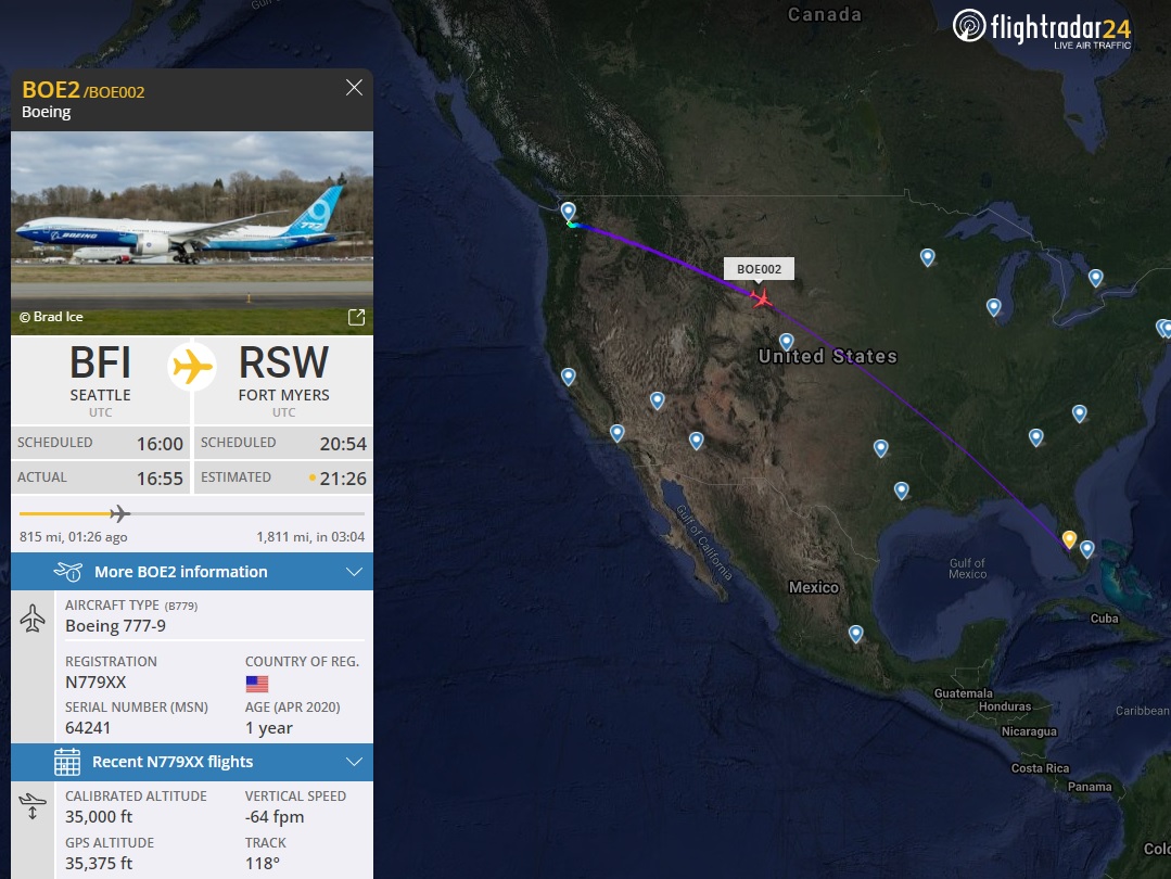 AirportWebcams's tweet photo. LIVE: Boeing 777-9 testbed N779XX is en-route to Southwest Florida/Fort Myers on its first visit. RSW webcam: https://t.co/bQhk4Ddbls
Track as #BOE2: https://t.co/4qDigLGkxr @flightradar24 https://t.co/hHXCLzq3ki