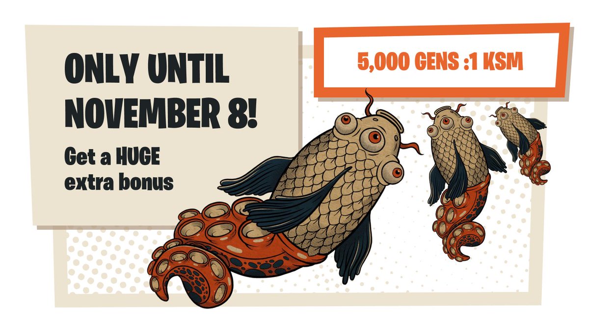 GenshiroDeFi's tweet photo. NOV 1-8 ONLY! Get a HUGE 5,000 $GENS extra bonus on each $KSM you stake in @GenshiroDeFi crowdloan! Bid your $KSM this week to help @GenshiroDeFi skyrocket 🚀

https://t.co/mH03Bo8QyK
#gensdefi https://t.co/0ykHB84dWs