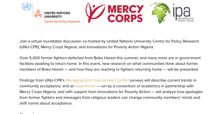 poverty_action's tweet photo. Join us, @UNUCPR &amp; @mercycorps on Tuesday Nov 9th (9AM Eastern US time), to hear the latest research on demobilizing Boko Haram fighters and encouraging community acceptance: 
https://t.co/i7IaOIF5iG https://t.co/Rct3eFTVse