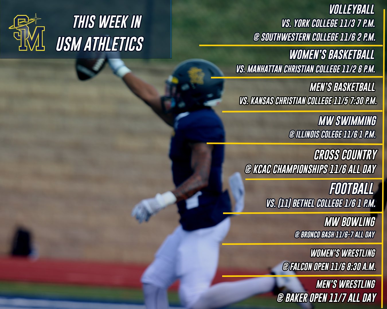 Usm Athletics Here S A Look At What S On Tap For This Week In Athletics As Well As The Spire Athletes Of The Week Spire Football Rafael Sangines And Saintmaryvb Haydan Heuermann