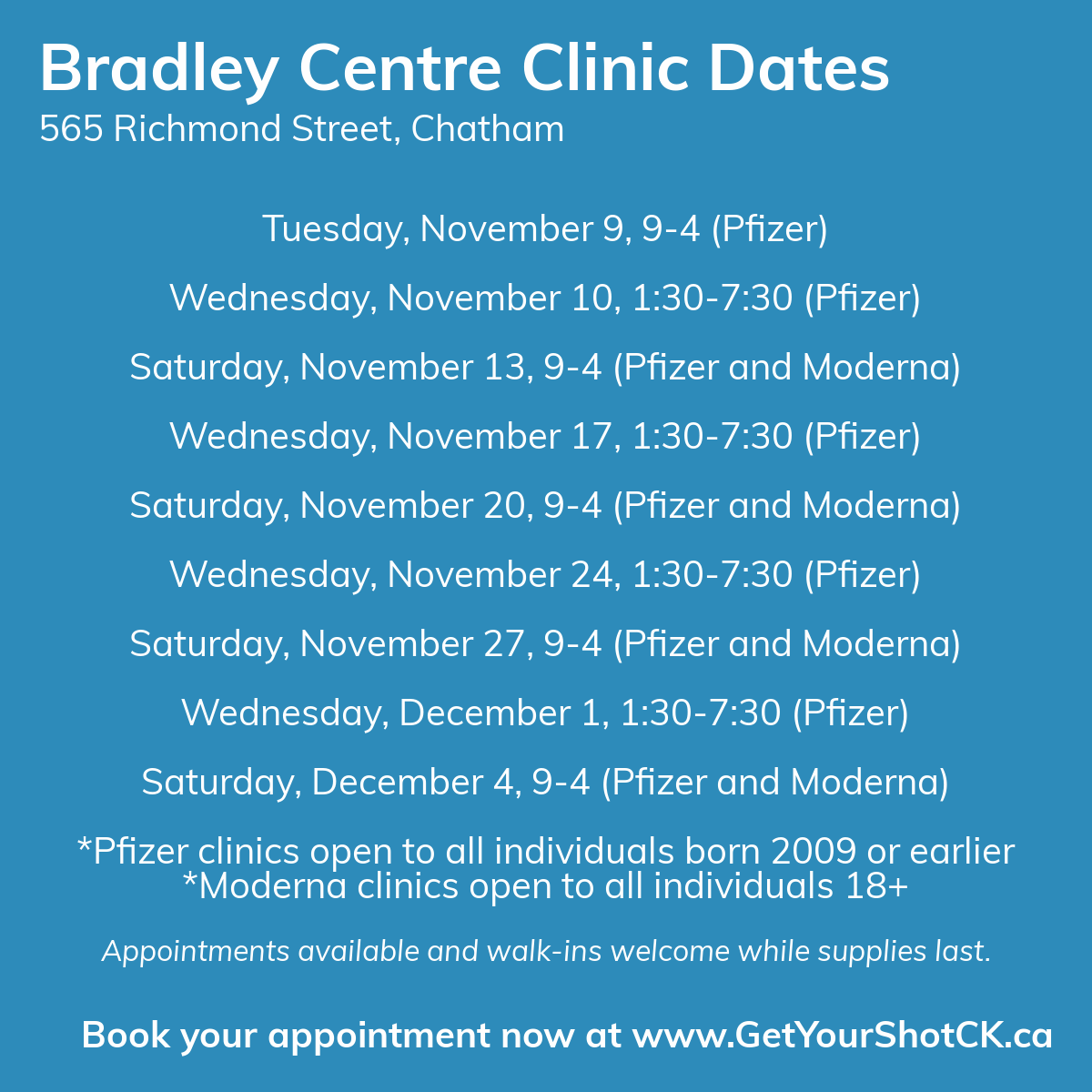 Upcoming COVID-19 Vaccine Clinic Dates at Bradley Centre in Chatham. #ckont #GetVaccinated