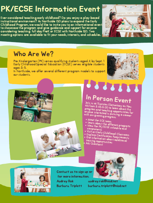 NISD_ECE's tweet photo. Teaching in #ECE in @NISD Information Event this Thursday (11/4) at 3:45 @NISDThornton . Meet the team and see classrooms. Bring your resume and learn more about teaching PK, ECC, and ECSE with us. Reserve your spot with @BarbTriplettTX or @AudreyRek @NISD_ECE #PK https://t.co/8vzMAv7RPt