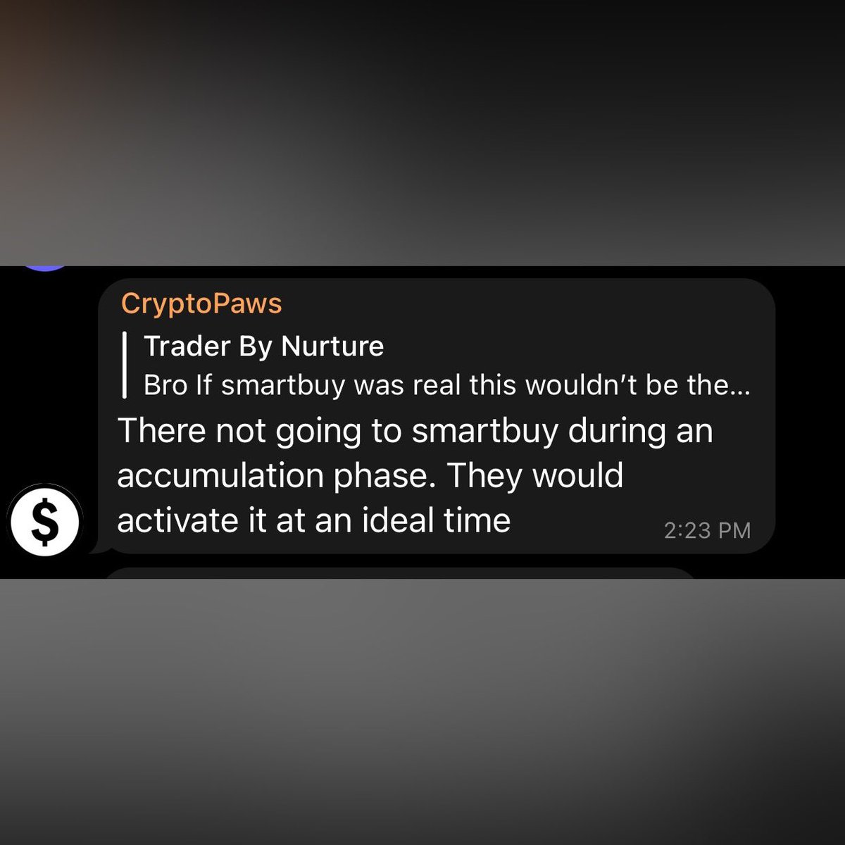 WiserandSmrt's tweet photo. Awesome went into the telegram and saw this!!! I believe a $smrt #dev or $smrtr support!!! But just letting us know ,#smartbuy system isn’t fully in use until accumulation phase is completed. I’m happy with this message! https://t.co/pAQ8sD7Evw