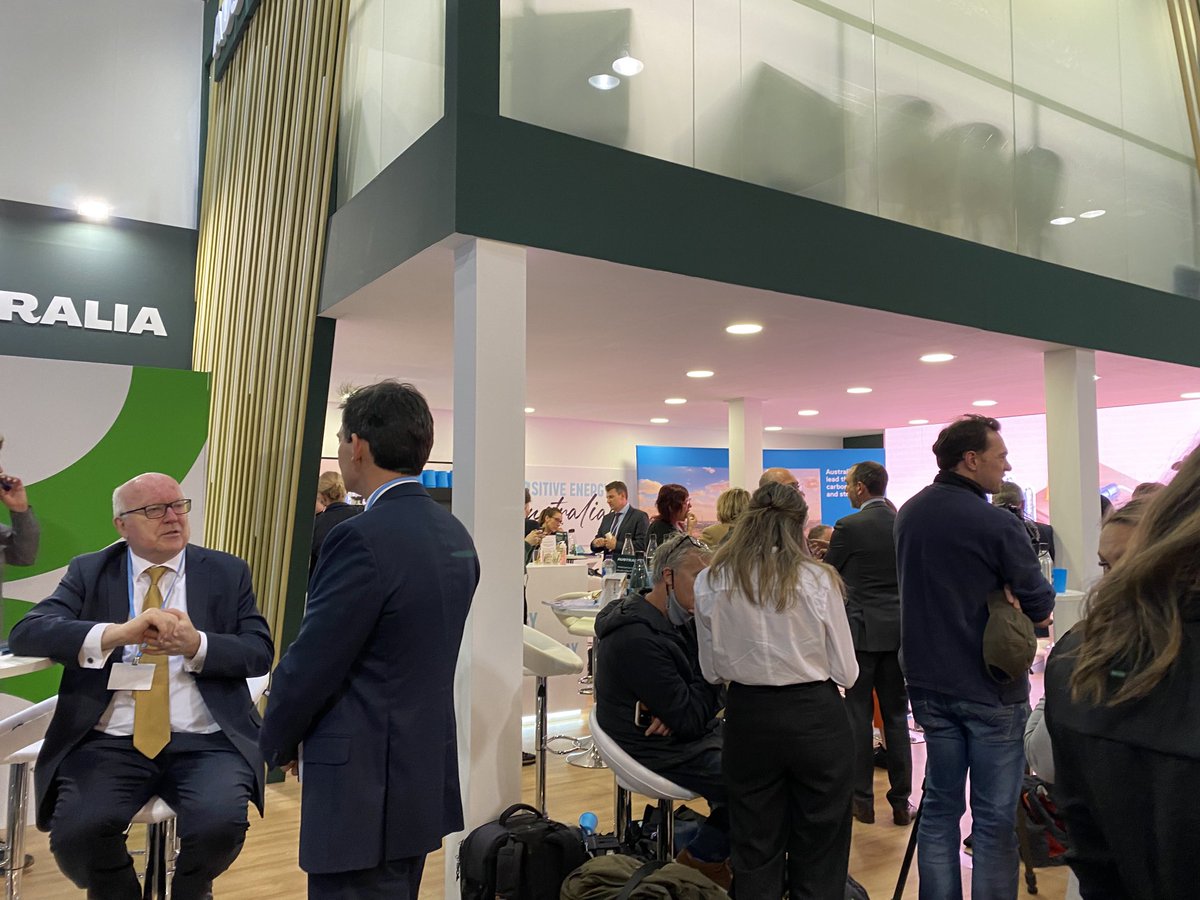 FreeAnna1's tweet photo. Day one of COP26 wrapping up and the Australia pavilion has been a veritable hive of activity, with Andrew Forrest ⁦@FortescueNews⁩, ⁦@SunCable1⁩, ⁦@SantosAus⁩ ⁦@ARENA_aus⁩, ⁦@CEFCAus⁩ and our High Commissioner to UK, George Brandis all turning out. https://t.co/oQH31pZ0Sl