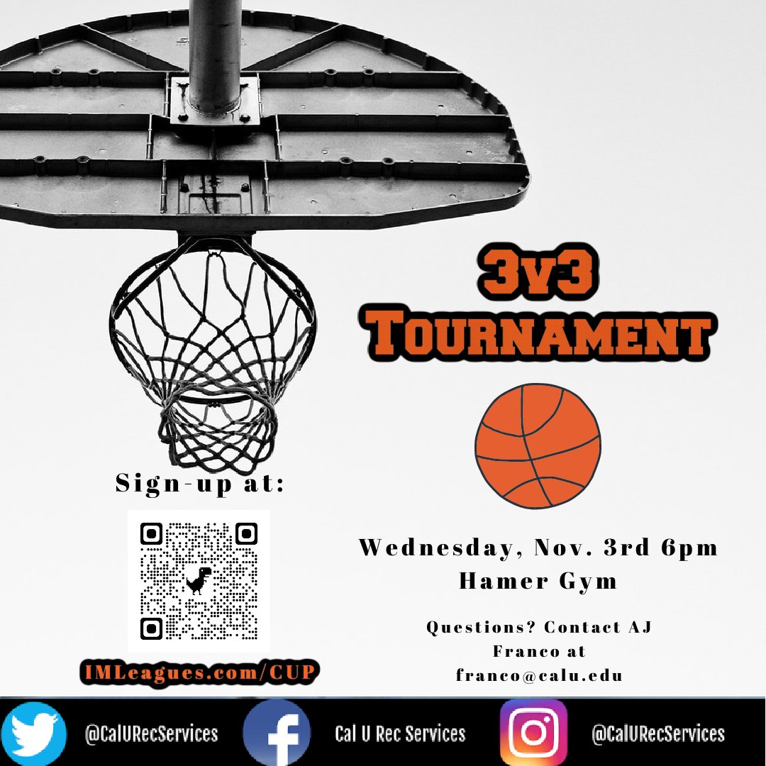 Today (11/1) is the last day to register a team for Wednesday's 3v3 Tournament in Hamer. The team list will lock automatically on IMLeagues at 11:59pm tonight!!

Head over to IMLeagues.com/CUP to sign-up a team or as a free agent! #CalUIntramurals