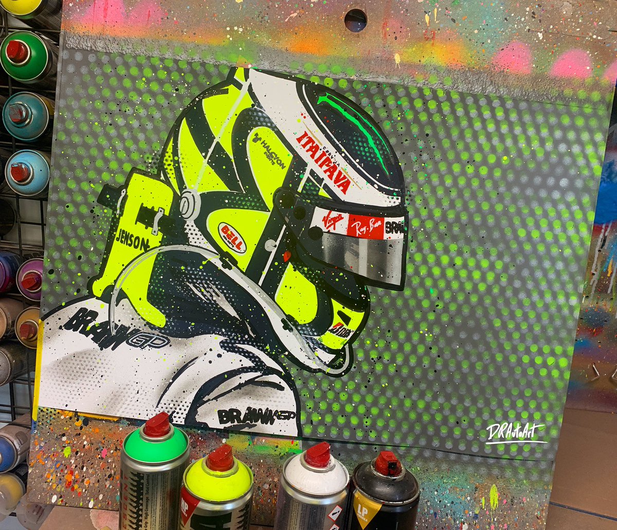 DRAutoart's tweet photo. 1st painting of the week! This Jenson Button, BrawnGP piece is back in stock. Handmade &amp; totally unique. #drautoart 
.
.
#jensonbutton #jb22 #jensonbutton22 #brawn #brawngp #f1 #formula1 #graffitiart https://t.co/bupdp4Tn24