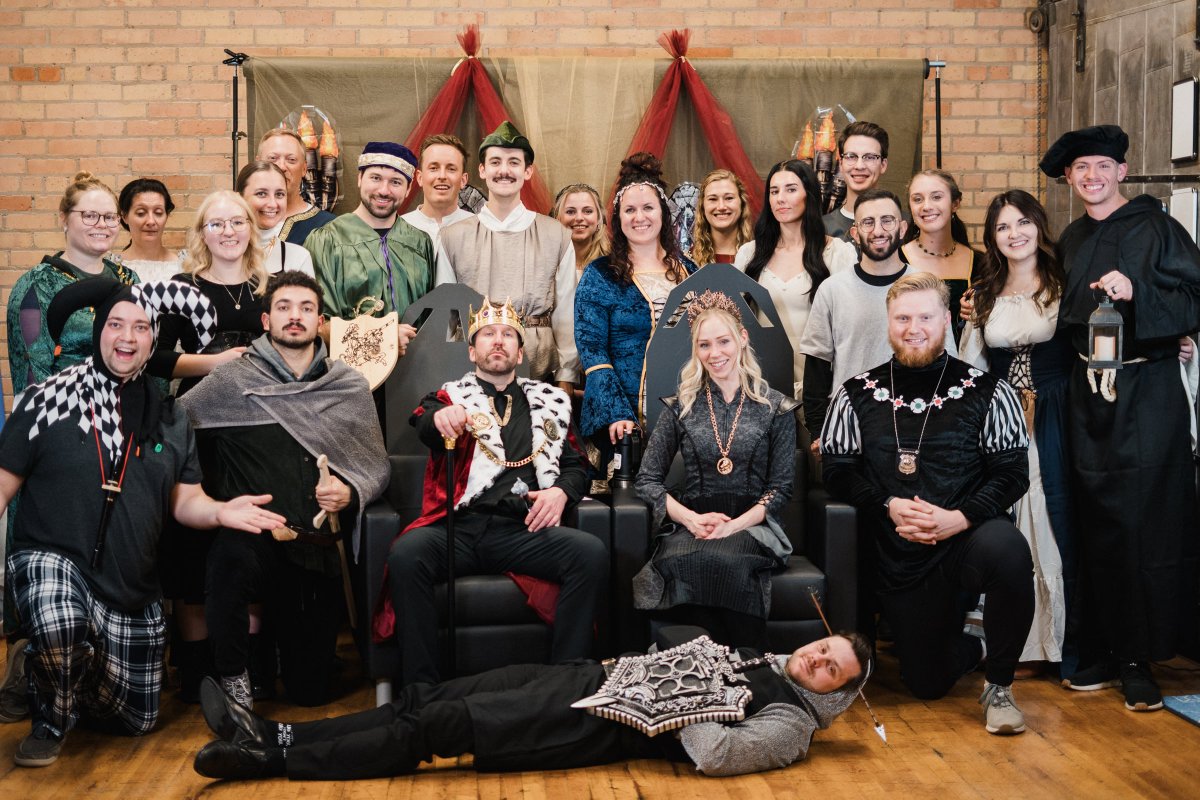 AdSharkFargo's tweet photo. Friday was a (k)night to remember! 🎃🦈👑⚔️

We would HIGHLY endorse having your work a murder mystery party for your next company outing.

Special "hear ye, hear ye" to @AdSharkSam (aka Lady Diana) for being the most unsuspecting murderer! https://t.co/cdzw9gd9a2
