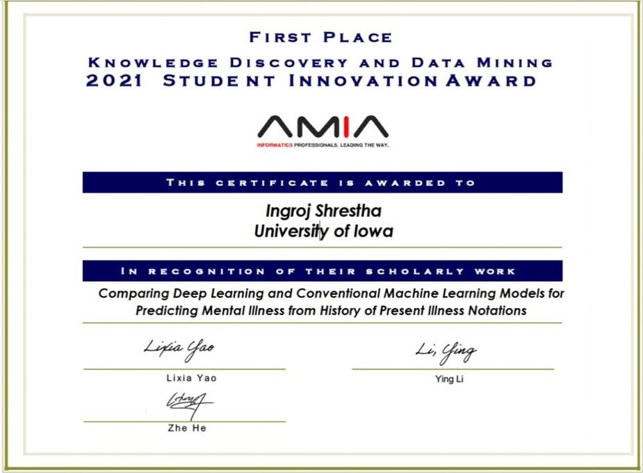 UIowa Computer Science (@uiowacs) on Twitter photo 📣 #Congratulations <a href="/IngStha/">Ingroj Shrestha</a> for #KDDM #StudentInnovationAward for "Comparing #DeepLearning & Conventional #MachineLearning Models for Predicting #MentalIllness from History of Present Illness Notations" Bravo to <a href="/narijohnson/">Nari Johnson</a>➕<a href="/krause_kj/">KJ Krause</a> as well 😉 <a href="/AMIAinformatics/">AMIA</a> #AMIA2021 🎊 📣 #Congratulations <a href="/IngStha/">Ingroj Shrestha</a> for #KDDM #StudentInnovationAward for "Comparing #DeepLearning & Conventional #MachineLearning Models for Predicting #MentalIllness from History of Present Illness Notations" Bravo to <a href="/narijohnson/">Nari Johnson</a>➕<a href="/krause_kj/">KJ Krause</a> as well 😉 <a href="/AMIAinformatics/">AMIA</a> #AMIA2021 🎊