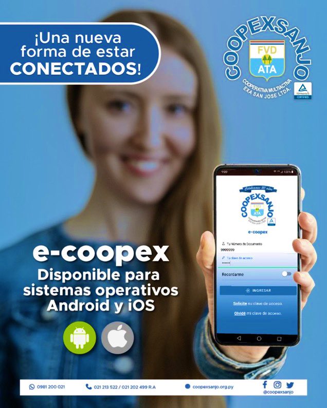 vamyalsa's tweet photo. Somos parte del desarrollo de nuevas plataformas digitales #Cloud, como #eCoopex una solución que acerca los servicios financieros a la palma de la mano de todos los socios de la @coopexsanjo. Como consulta y pago de servicios, transferencias internas, inter cooperativas y SIPAP. https://t.co/Z00TGN9T0C