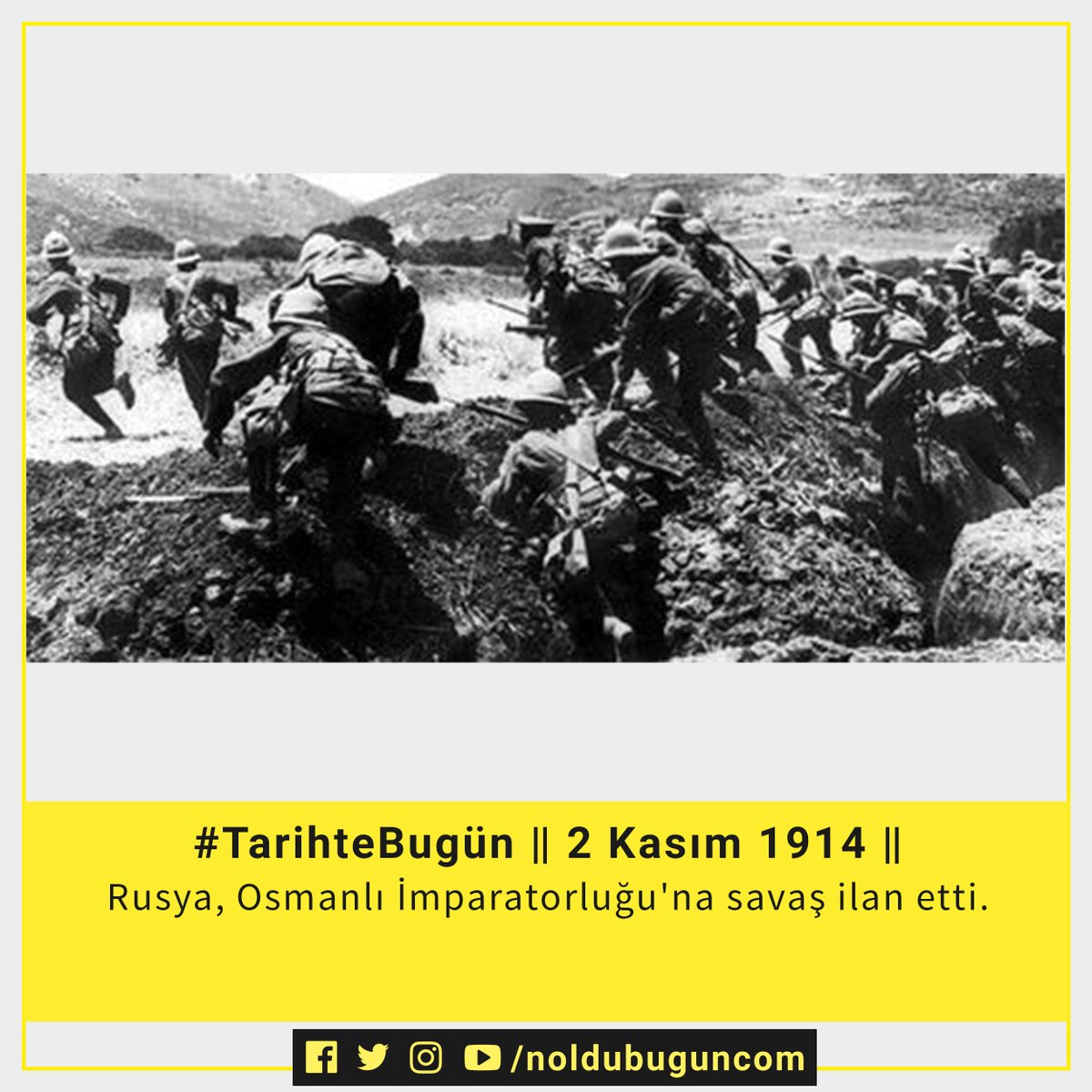 noldubugun_com's tweet photo. #TarihteBugün 2 Kasım 1914
Osmanlı bayrakları çekilen Alman savaş gemileri Breslau ve Goeben'in Rusya kıyılarını ve limanlarını bombalamasının ardından Rusya, 2 Kasım 1914'te Osmanlı İmparatorluğu'na savaş ilan etti.

#savaş #tarih #birincidünyasavaşı #Osmanlı https://t.co/69On6NYmuT