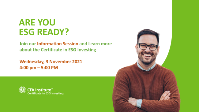 Thinking about the CFA Institute Certificate in ESG Investing? Have questions? Want to learn more?

Join us for an information session this Wednesday, November 3 at 4PM

Register Below: 
us02web.zoom.us/webinar/regist…