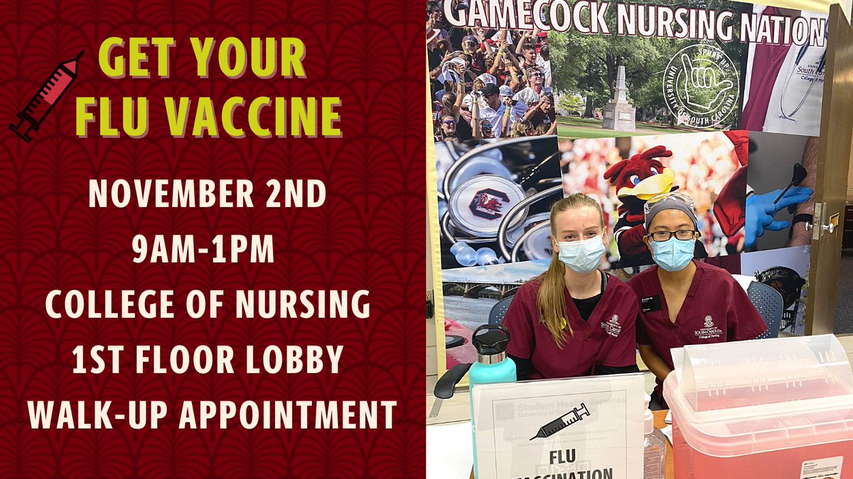 UofSCNursing's tweet photo. Flu vaccines are available tomorrow (11/2) for @UofSC students, faculty, and staff! https://t.co/EwIEhuf1Lf