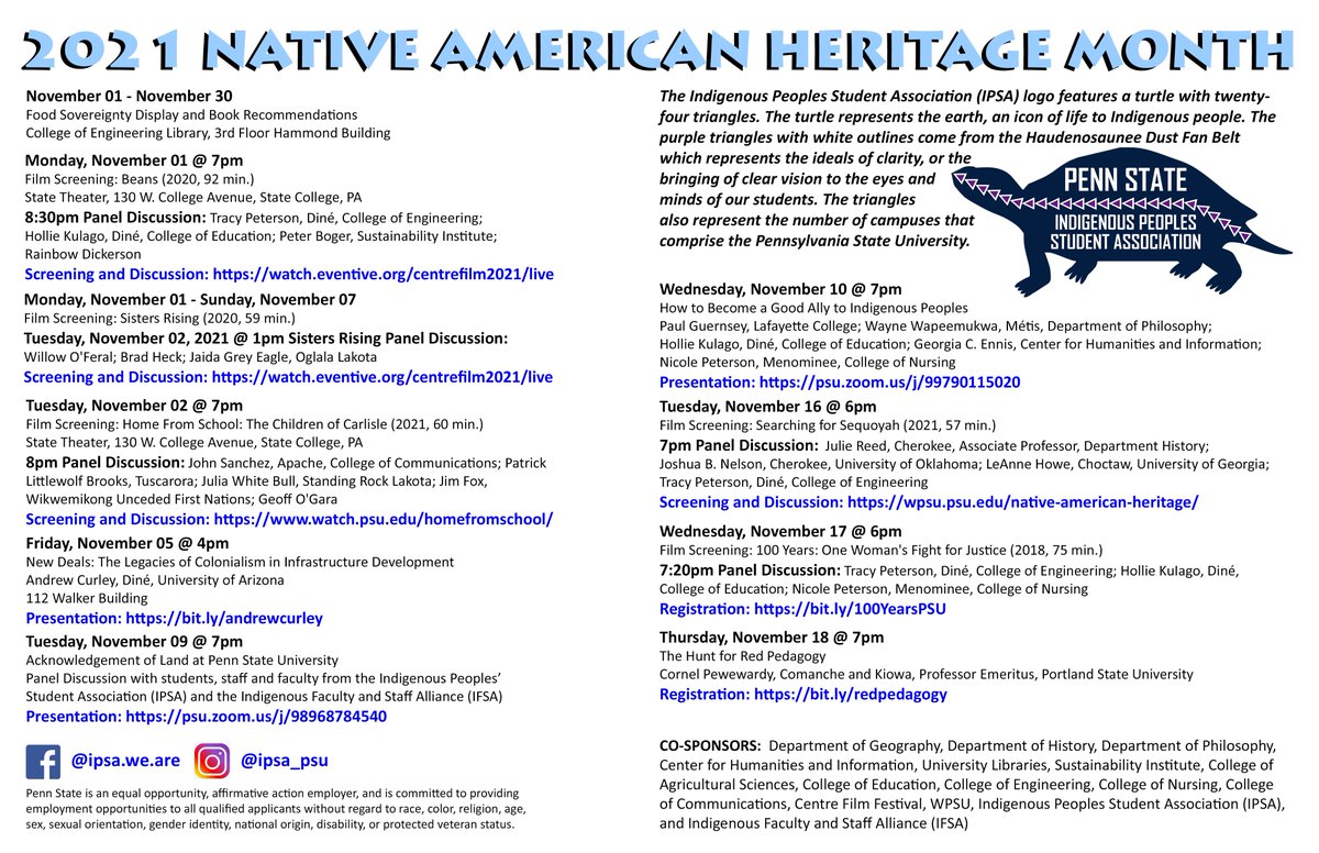 IPSA_PennState (@ipsa_psu) on Twitter photo Check out the activities scheduled for Native America Heritage Month
#NativeAmericanHeritageMonth #NativeTwitter #NativeAmericanHeritage #AcademicTwitter
<a href="/SACNASPennState/">SACNAS at Penn State</a> <a href="/penn_state/">Penn State</a> Check out the activities scheduled for Native America Heritage Month
#NativeAmericanHeritageMonth #NativeTwitter #NativeAmericanHeritage #AcademicTwitter
<a href="/SACNASPennState/">SACNAS at Penn State</a> <a href="/penn_state/">Penn State</a>