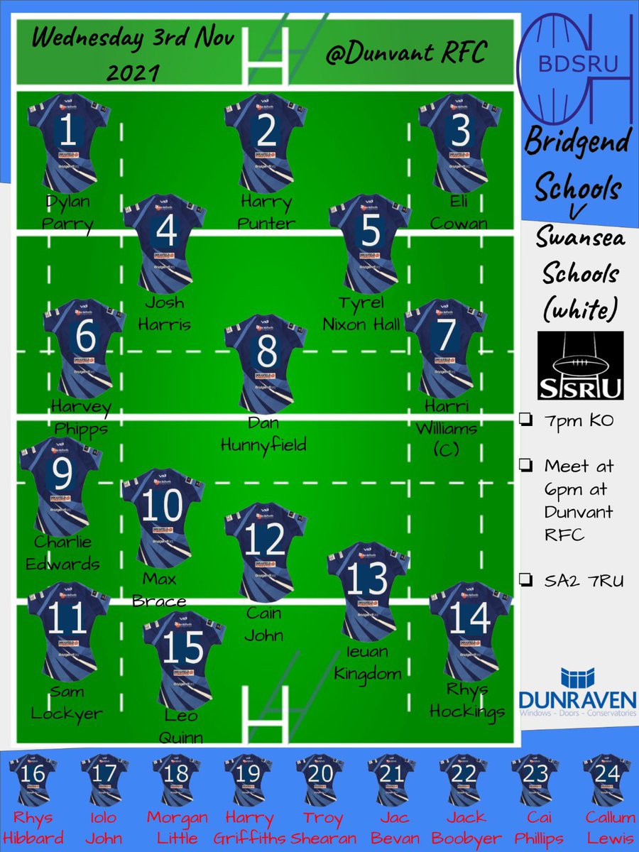 Squad for Wed game v <a href="/U15SSRU/">Swansea Schools Rugby</a> whites. Meet <a href="/DunvantRFC/">Dunvant Rugby Club</a> at 6pm.
