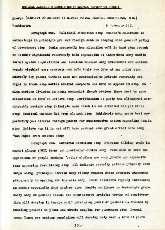 Colonel Haskell's Second Confidential Report on Russia [p. 1], #OTD, 1921

“Government now anxious repair mischief save peasants and hold their own jobs at any price stop”

catalog.archives.gov/id/26465662?ut…