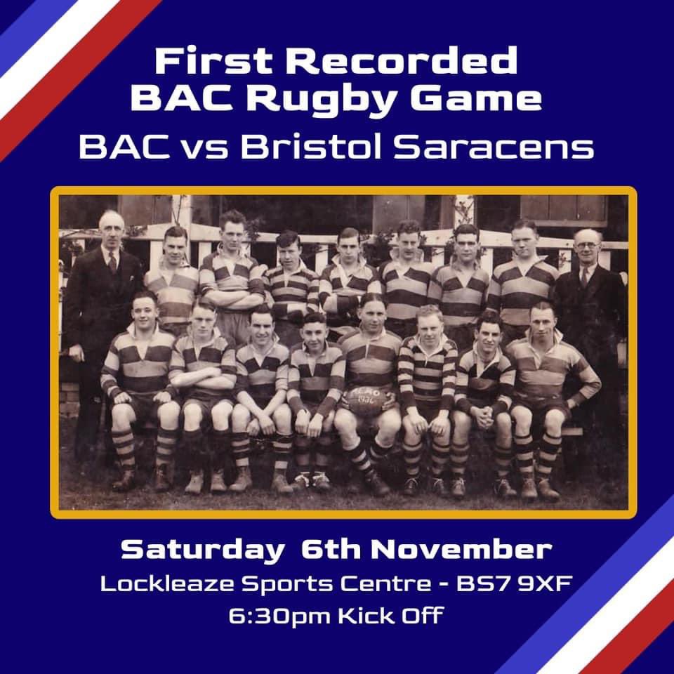 BristolSaracens's tweet photo. We are proud and honoured to help @BACRFC celebrate 100 years with a replay of their first ever fixture, this Saturday evening at @LockleazeSport 

@swsportsnews @GRFUrugby @BristolLive https://t.co/YE7MF1wkIA