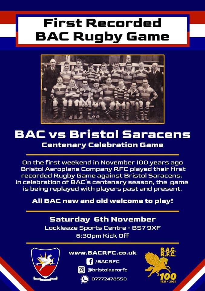 We are proud and honoured to help <a href="/BACRFC/">Bristol Aeroplane Company RFC</a> celebrate 100 years with a replay of their first ever fixture, this Saturday evening at <a href="/LockleazeSport/">Lockleaze Sports Centre</a> 

<a href="/swsportsnews/">South West Sports News</a> <a href="/GRFUrugby/">#GRFU</a> <a href="/BristolLive/">Bristol Live</a>