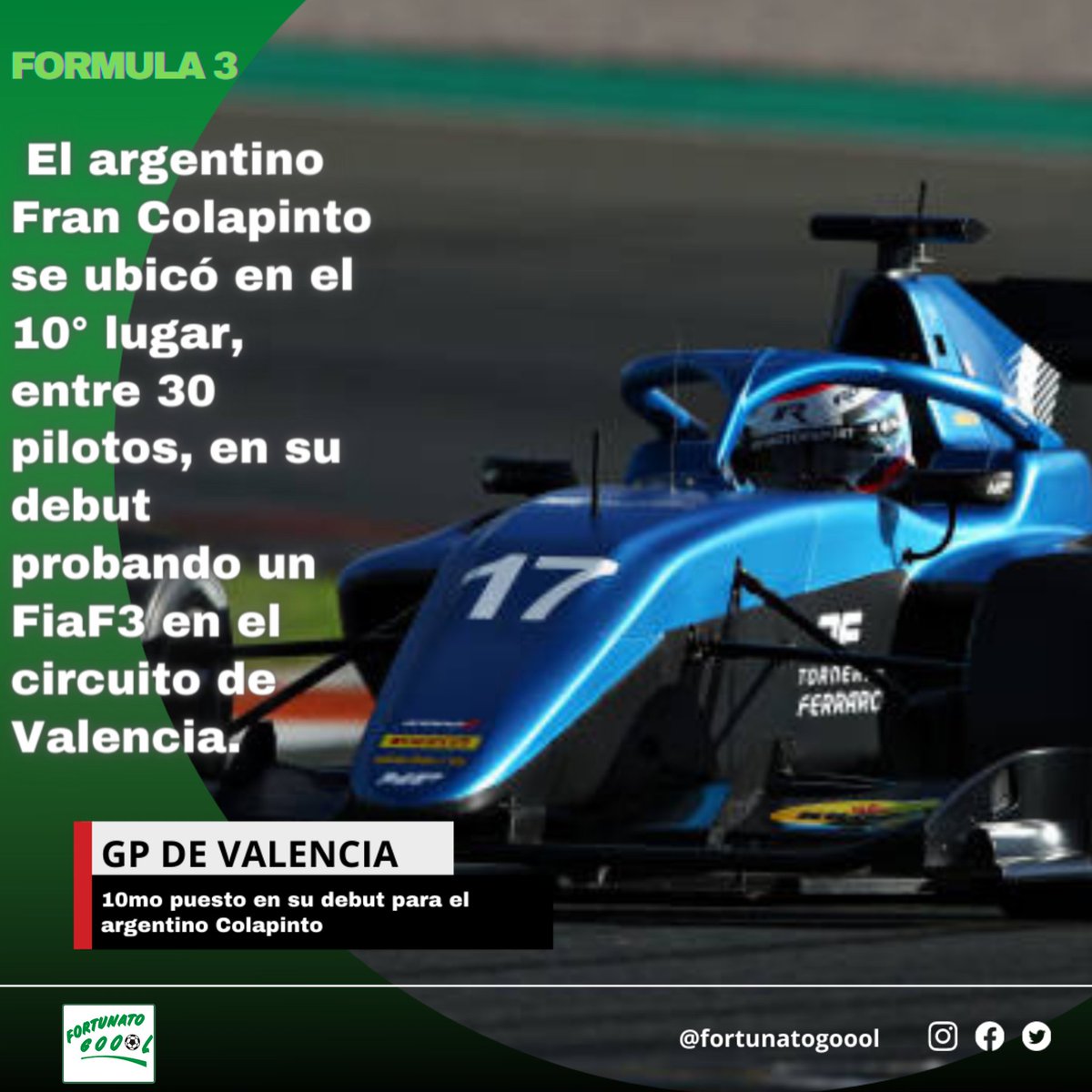 Fortunatogoool's tweet photo. #GPdeValencia 🏁🏎️
📌El argentino Fran Colapinto se ubicó en el 10° lugar, entre 30 pilotos, en su debut probando un @FiaF3 en el circuito de Valencia.
✍️ @WalMarzano
#Formula1 #Formula3 #Carreras #Deportes #GranPrix https://t.co/ojmcakmHcR