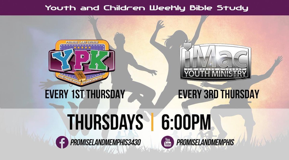 PromiseLand_Mem's tweet photo. Our Childrens &amp; Youth Online Bible Lessons have moved to THURSDAYS @ 6pm. Same great lessons, same time, different day. Make sure your kids tune in!!! #kidslessons #teenlessons #online #facebook #youtube #YPK #iMAC #promiselandmemphis #THURSDAYS https://t.co/phk7JxQ9k3
