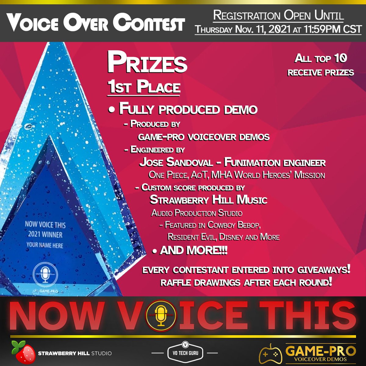 Register for the next #NVT contest here!! 🎉🎙️🎉

Also... 
🎖️ANYBODY WHO RETWEETS THIS TWEET WILL BE ENTERED INTO A #GIVEAWAY FOR A RODE NT1 MIC &amp; INTERFACE BUNDLE!!!

⬇️Register for the contest here to win other raffles and prizes!⬇️
forms.gle/6zpkZBPyy6u8yd… 

#Retweet #VO #VA
