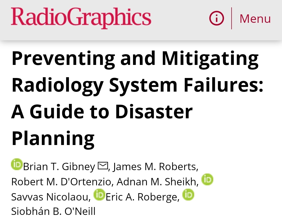 Delighted that RadioGraphics has published our review paper: pubs.rsna.org/doi/10.1148/rg…

Disaster planning is crucial in Radiology, both because of our role in mass casualty imaging and because we are so reliant on complex systems of staff, equipment, infrastructure &amp; software.