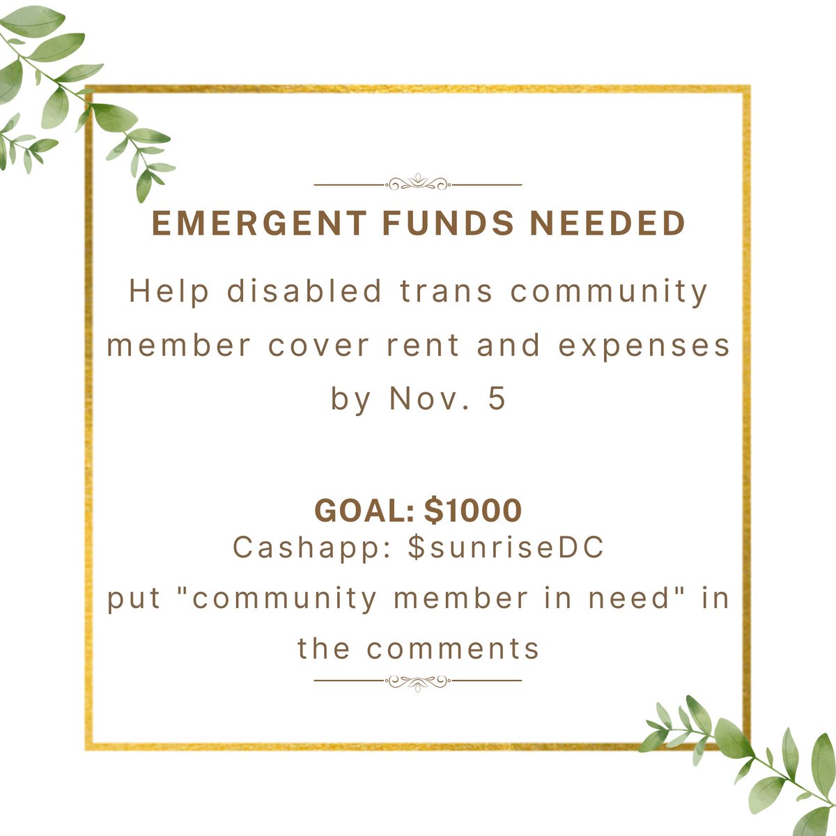 SunriseMvmtDC's tweet photo. ‼ A disabled trans community member is in need of funds to afford rent and other necessary expenses. Can you help us raise $1000 for them by November 5th? Cashapp is $sunrisedc, help reach this goal by chipping in and/or sharing! https://t.co/fgieSgHxui