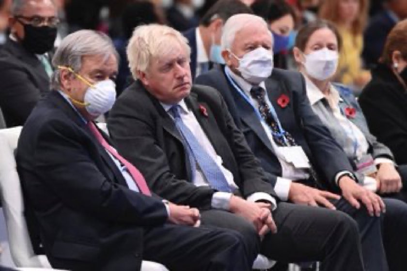 Here’s our Prime Minister ‘leading by example’ by sitting without a mask on a global stage in the middle of a pandemic, next to Sir David Attenborough who is 95 years old. If Sir David is, why wouldn’t you?