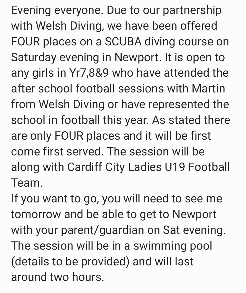 PencoedPE's tweet photo. Great opportunity for @PencoedCompYr7 @Pencoedyear8 @PCSCompYear9 girls to have a go at SCUBA diving this weekend thanks to our partnership with @welshdiving Please see the information below and in your Google Classroo. https://t.co/Zl5pJZzI11