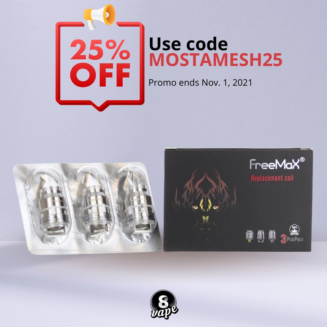 EightVape's tweet photo. 25% OFF on ALL @Freemaxvape Mesh pro Replacement Coils until today only! πThese are original #meshcoils compatible with the FreeMax Mesh Pro Tank, FreeMax FireLuke Tank, and FreeMax FireLuke Pro Tank. https://t.co/GszYZ4yLgL #vapecoils #vapeon https://t.co/VASXvPVobl