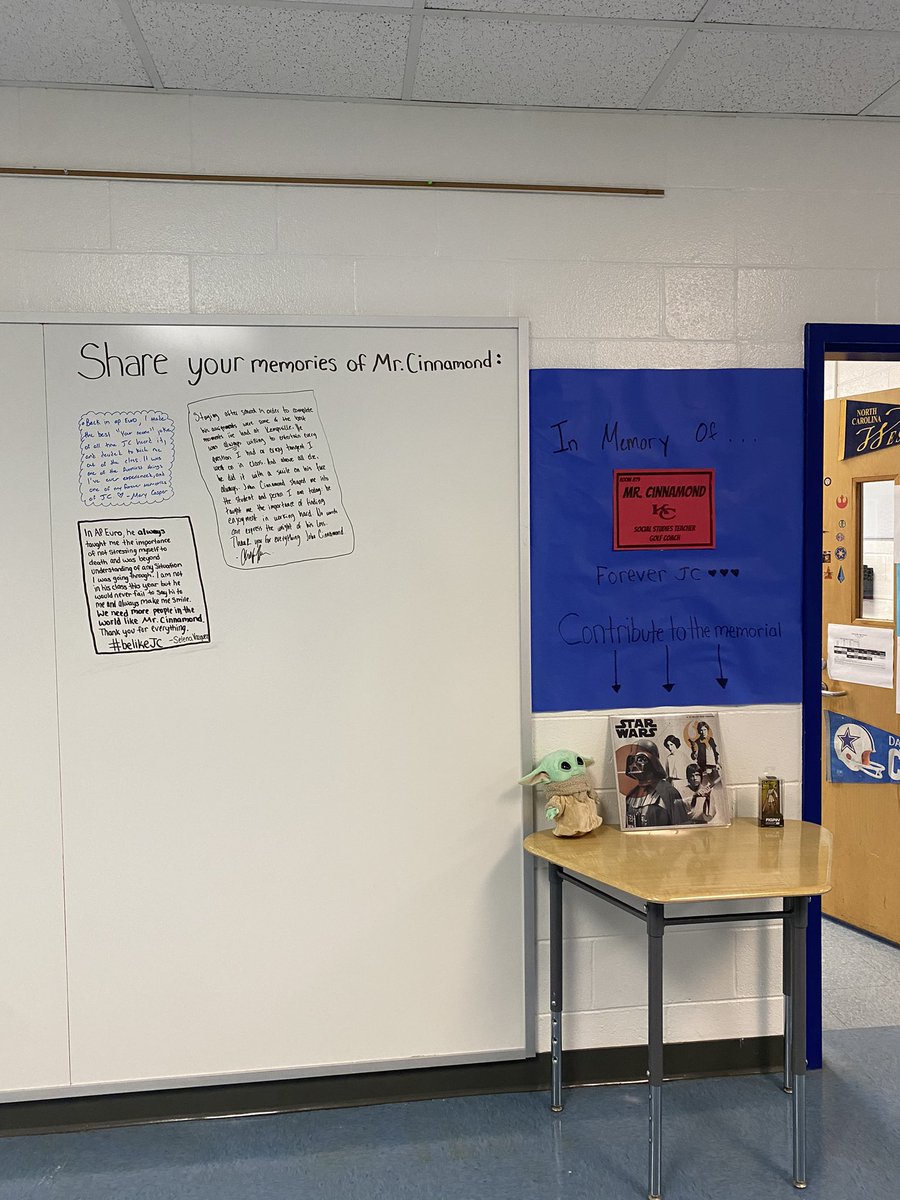 mary_chris44's tweet photo. Come by Mr. Cinnamonds Room and add to his memorial with anything that reminds you of the glory of Mr. Cinnamond and share your favorite memories. #ForeverJC I hope the whole WALL gets filled in honor of the best teacher of all time. https://t.co/c6d9wCLvyG