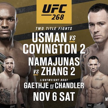 ufc_air's tweet photo. Trocação Franca: Vicente Luque ‘staying ready’ to replace Kamaru Usman or Colby Covington at UFC 268
Don't Miss A Single Strike Of UFC 268: Usman vs Covington 2, Live From Madison Square Garden in New York City on Saturday, November 6, 2021
#UFC268 #Usman #Covington https://t.co/v2pXmuVMq6