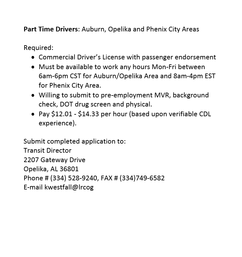 Please view the images of employment opportunity at the Lee-Russell Council of Governments. For more information, please message.