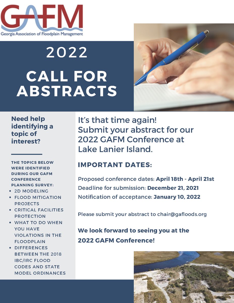 gafloods's tweet photo. Submit your abstract for the 2022 GAFM Conference at Lake Lanier! 
#gafloods #Georgia #floodplains #resilience #engineers #floodplainmanagers #GIS #CFM https://t.co/An0HLvJ4bi