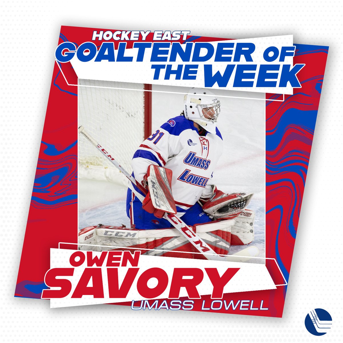 The #HockeyEast Men’s Goaltender of the Week is Owen Savory, who led <a href="/RiverHawkHockey/">UMass Lowell Hockey</a> to a weekend sweep of BU, including a 3-0 shutout victory on Friday night. Savory now owns a league best 1.23 GAA and .946 SV%, and finished the weekend with 48 total saves, allowing just 1 goal