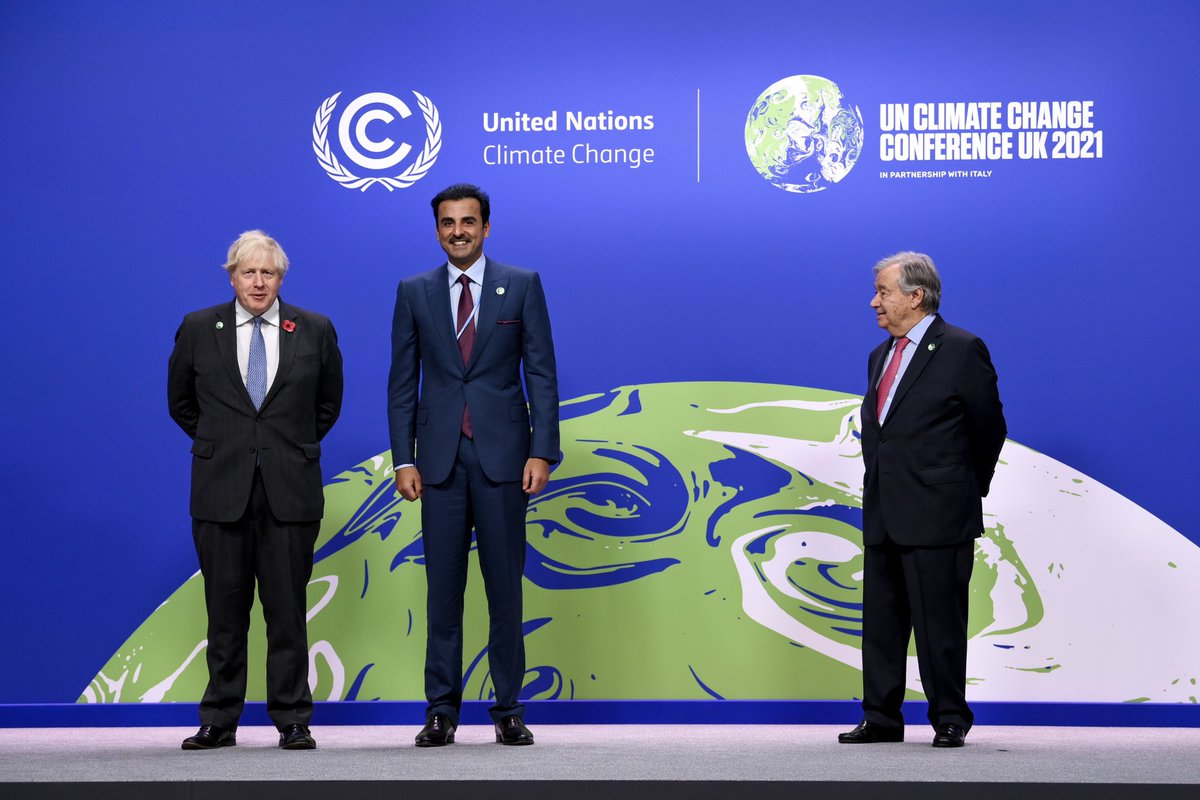 TamimBinHamad's tweet photo. في مؤتمر @COP26 عملنا مع قادة الدول على حشد الجهود للوصول لأهداف الأمم المتحدة في تخفيض انبعاثات الكربون والتصدي لمخاطر التغير المناخي. ونتطلع أن تكون قطر بمبادراتها المتعددة في هذا المجال مثالاً يحتذى به في المنطقة في التوازن بين التنمية والوفاء بالتزاماتها البيئية الدولية. https://t.co/QryEbnuFUx